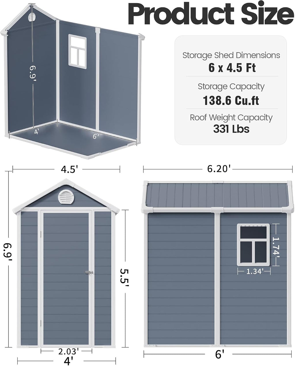 6x4.5 Resin Outdoor Storage Shed with Enhanced Roof Runoff & Floor, Secure Hidden Screws Design, Durable Build for Deck, Pool Supplies, and Versatile Storage, Dark Grey