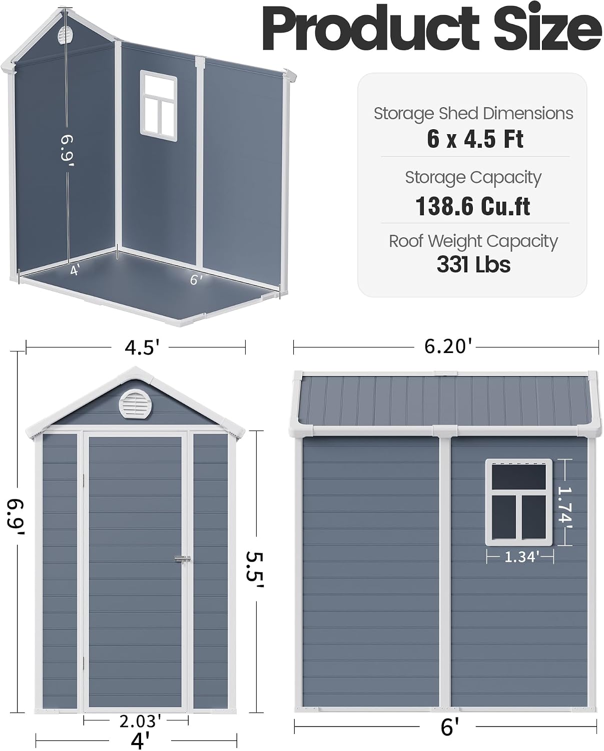 6x4.5 Resin Outdoor Storage Shed with Enhanced Roof Runoff & Floor, Secure Hidden Screws Design, Durable Build for Deck, Pool Supplies, and Versatile Storage, Dark Grey