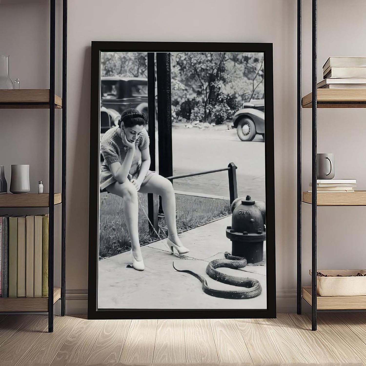 Woman Walking Pet Snake, Black And White Art, Vintage Snake on Leash, Oddities, Funny Poster Canvas Poster Wall Art Decor Print Picture Paintings for Living Room Bedroom Decoration Black Frame 24x36in
