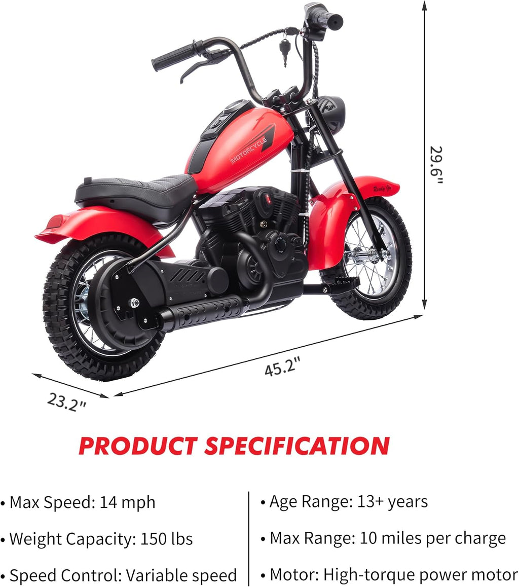 GarveeLife Electric Dirt Bike, 15 Mph & 150lb Max, 24V Ride On Toy for Big Kids w/Led Lights & Power Display, 300W Chain-Driven Motor, Two Speed, Handbrake, Leather Seat, 12' Air-Filled Tires, Red