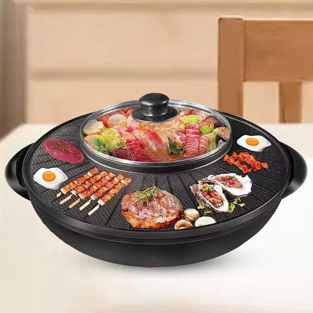Electric Grill and Hot Pot 2 in 1 Portable Cookware Round Multifunctional Korean BBQ for Family Indoor Picnic Camping Outdoor, 32cm(36cm)