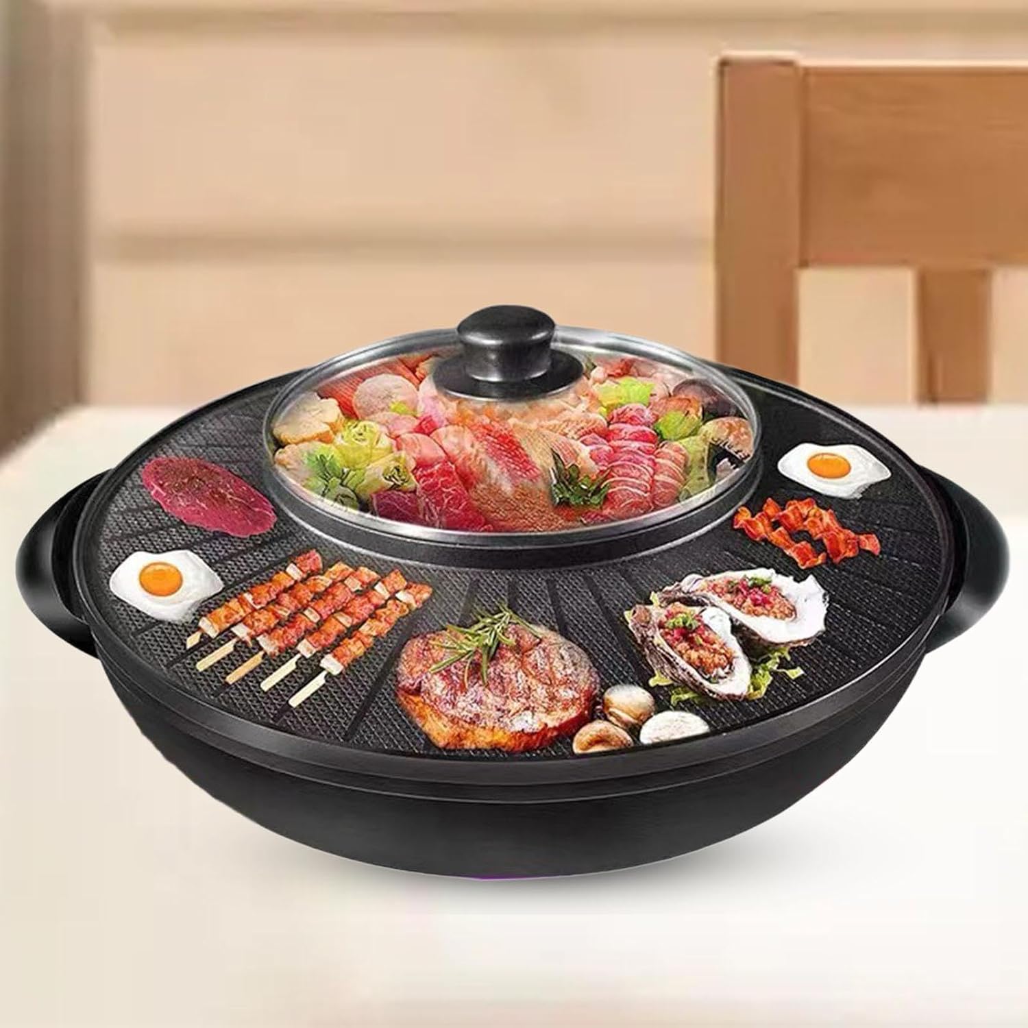 Electric Grill and Hot Pot 2 in 1 Portable Cookware Round Multifunctional Korean BBQ for Family Indoor Picnic Camping Outdoor, 32cm(36cm)