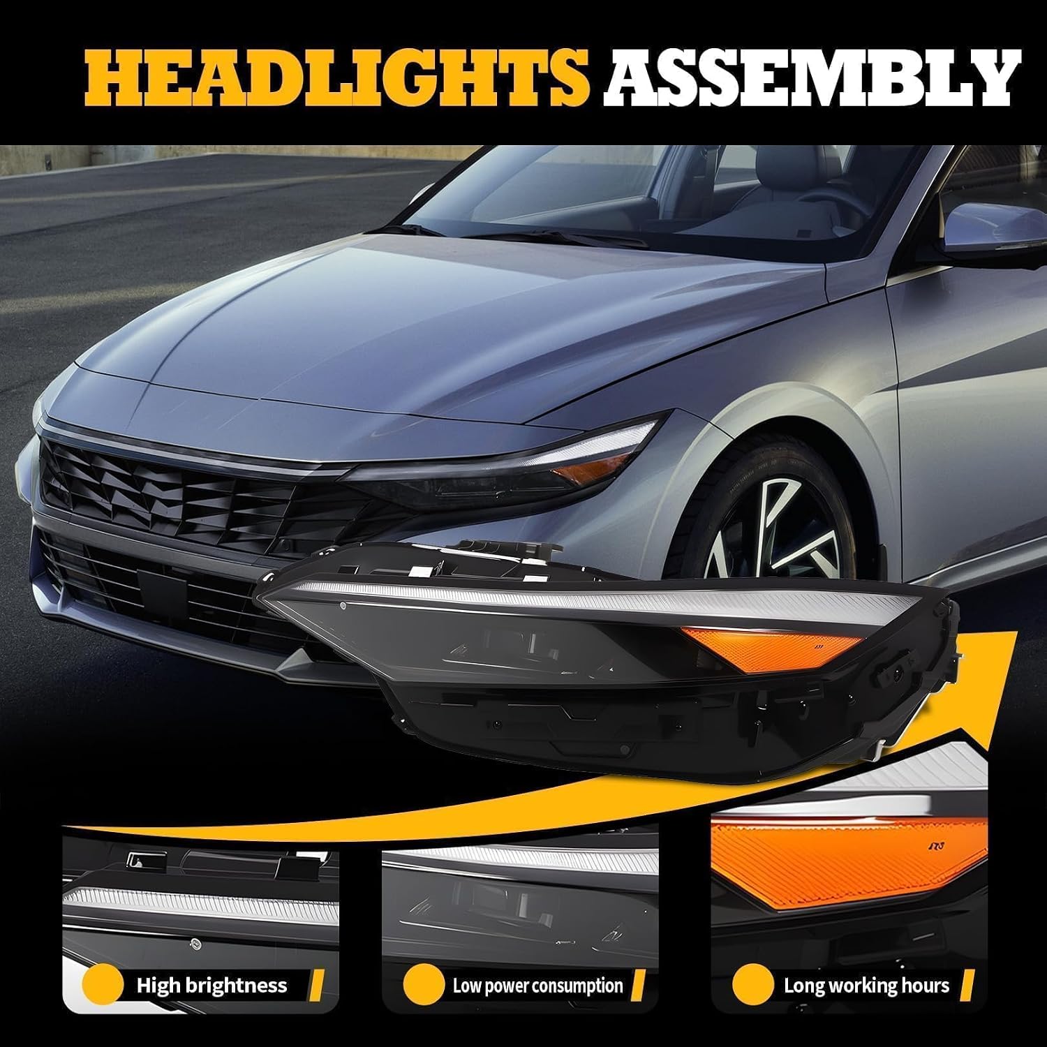 Left Headlight Assembly W/Module Compatible with Elan-tra SE SEL N Line GLS Preferred Luxury Limited 2024-2025 Headlamp Driver Side Front Light 92101AA740