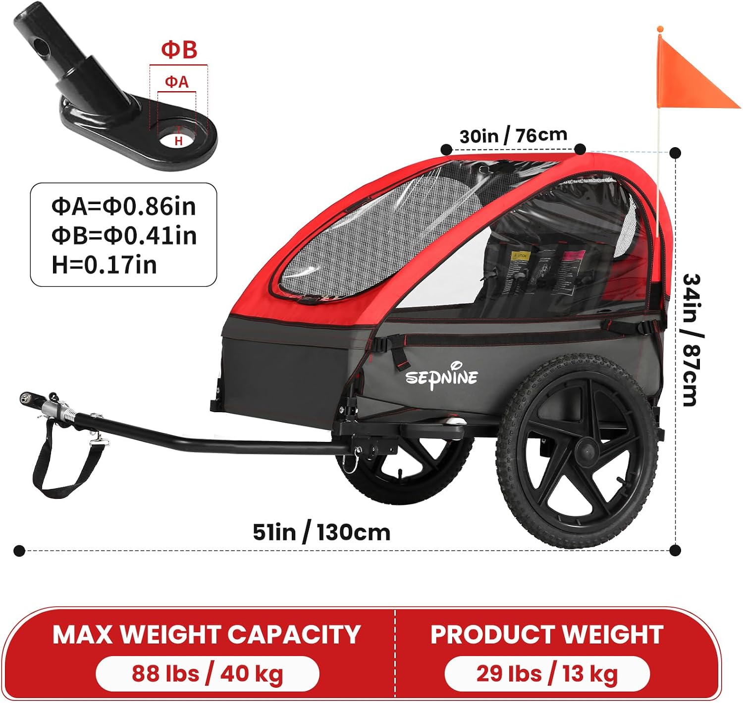 Sepnine Kids Bike Trailer, Suitable for 1 to 2 Kids, 12+ Months, Quick Attach to Bike, Foldable, with 5-Point Harness and Storage Bags