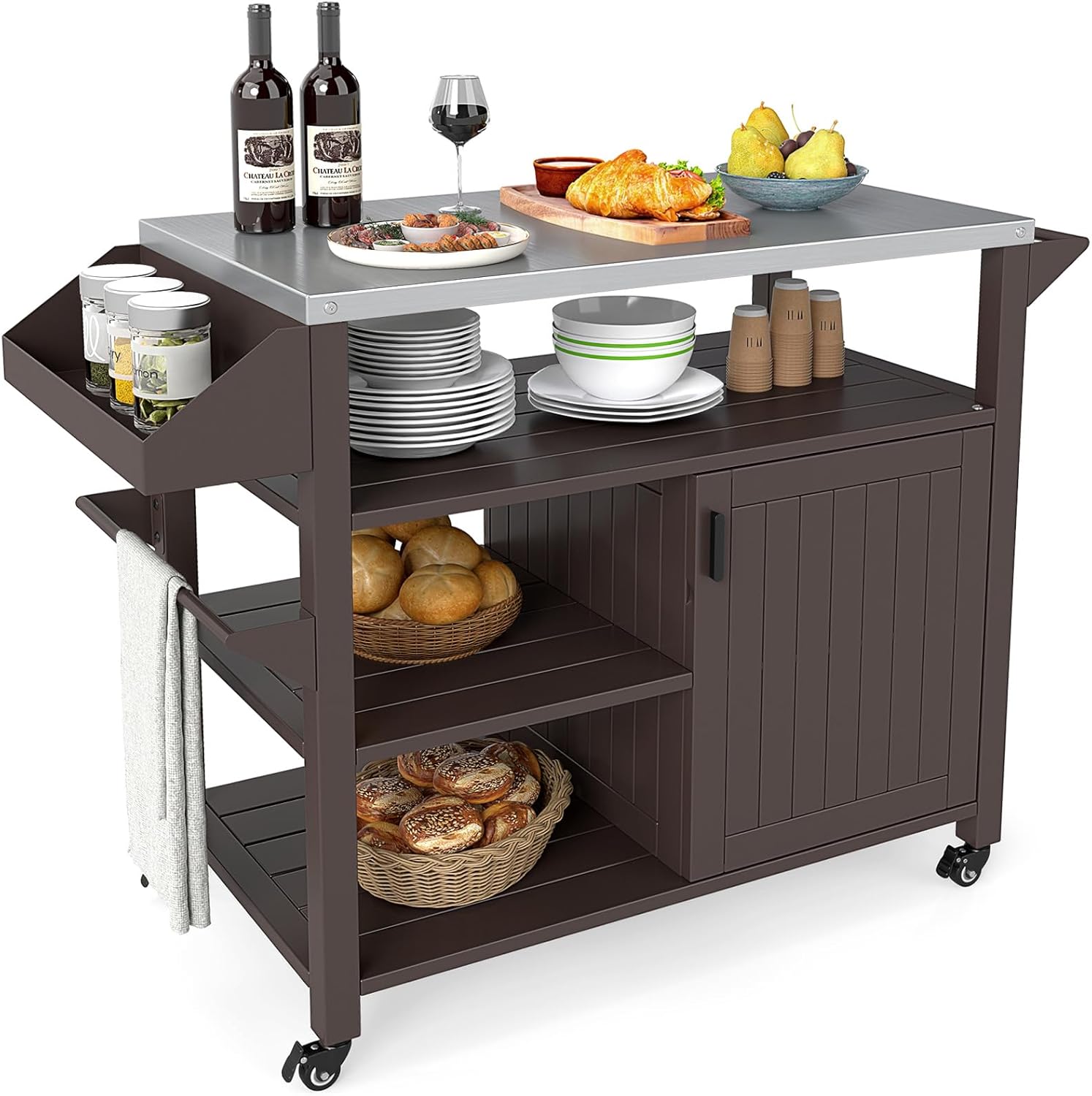 Giantex Outdoor Grill Cart with Storage Cabinet & Shelves, Patio Kitchen Island Table with Stainless Steel Top, Spice & Towel Rack, Movable Pizza Oven Stand on Wheels, Rolling Bar Cart BBQ Prep Table