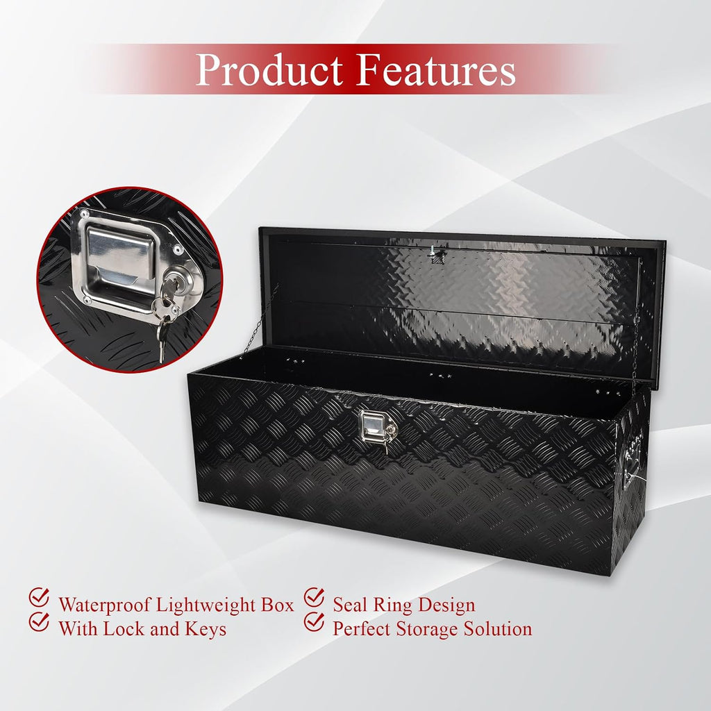 48''Inch Aluminum Truck Tool Box Truck Bed Toolbox Truck Trailer Chest Box Trailer Underbody Storage Organizer Waterproof Square Storage Organizer w/Lock & Keys Black(‎48' Lx15 Wx15 H)
