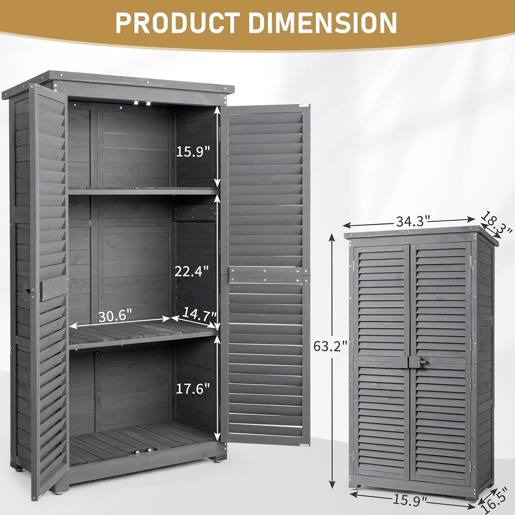Outvita Outdoor Storage Cabinet, 63in Wooden Garden Tools Shed with 2 Lockable Doors, 3 Adjustable Shelves, Waterproof Roof for Yard Garge Patio Deck Porch（Grey）