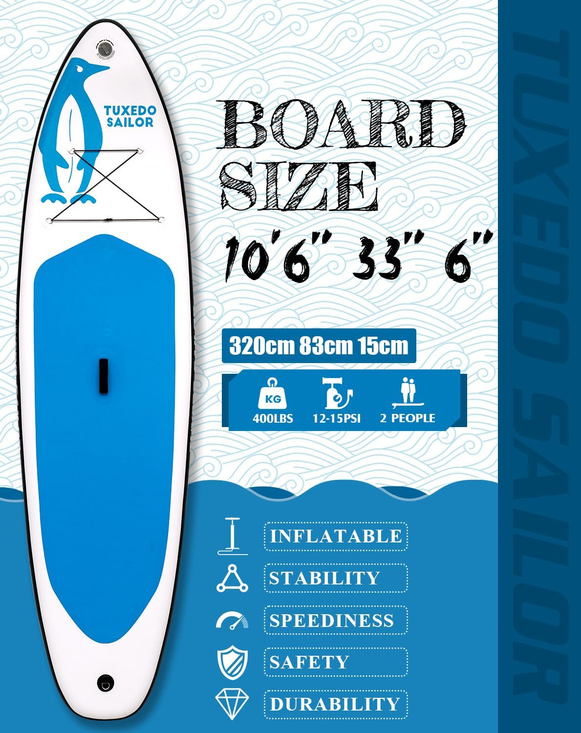Tuxedo Sailor 10'6'/11' Inflatable Stand Up Paddle Board with SUP Accessories, Anti-Slip EVA Deck and Large Fin, Paddle Boards for Adults & Youth of All Skill Levels