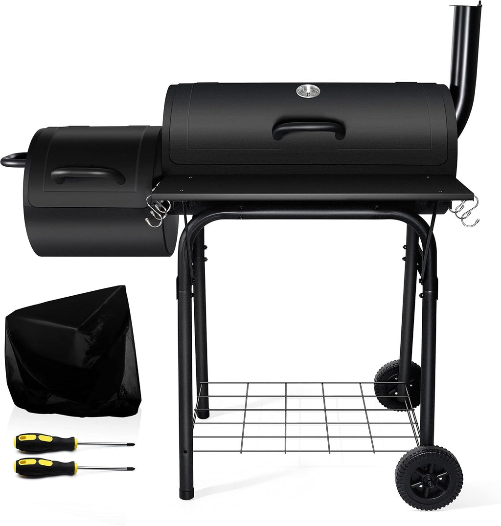 Outdoor Charcoal Grill with Smoker, Leonyo 14Inch Wide Charcoal Grill with Offset Smoker for Backyard Party Cooking, 438 Sq.in. BBQ Cooking Surface,Black