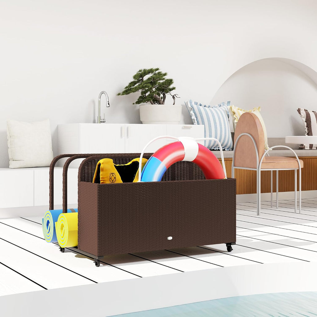 Outsunny Wicker Patio Pool Float Storage Basket, PE Rattan Outdoor Pool Caddy with Rolling Wheels for Floaties, Noodles, Life Vests, Beach Balls, Garden Furniture, Brown