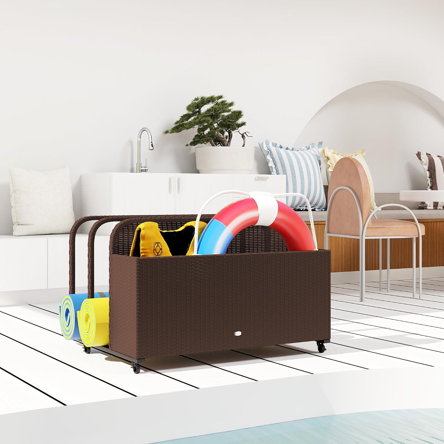 Outsunny Wicker Patio Pool Float Storage Basket, PE Rattan Outdoor Pool Caddy with Rolling Wheels for Floaties, Noodles, Life Vests, Beach Balls, Garden Furniture, Brown