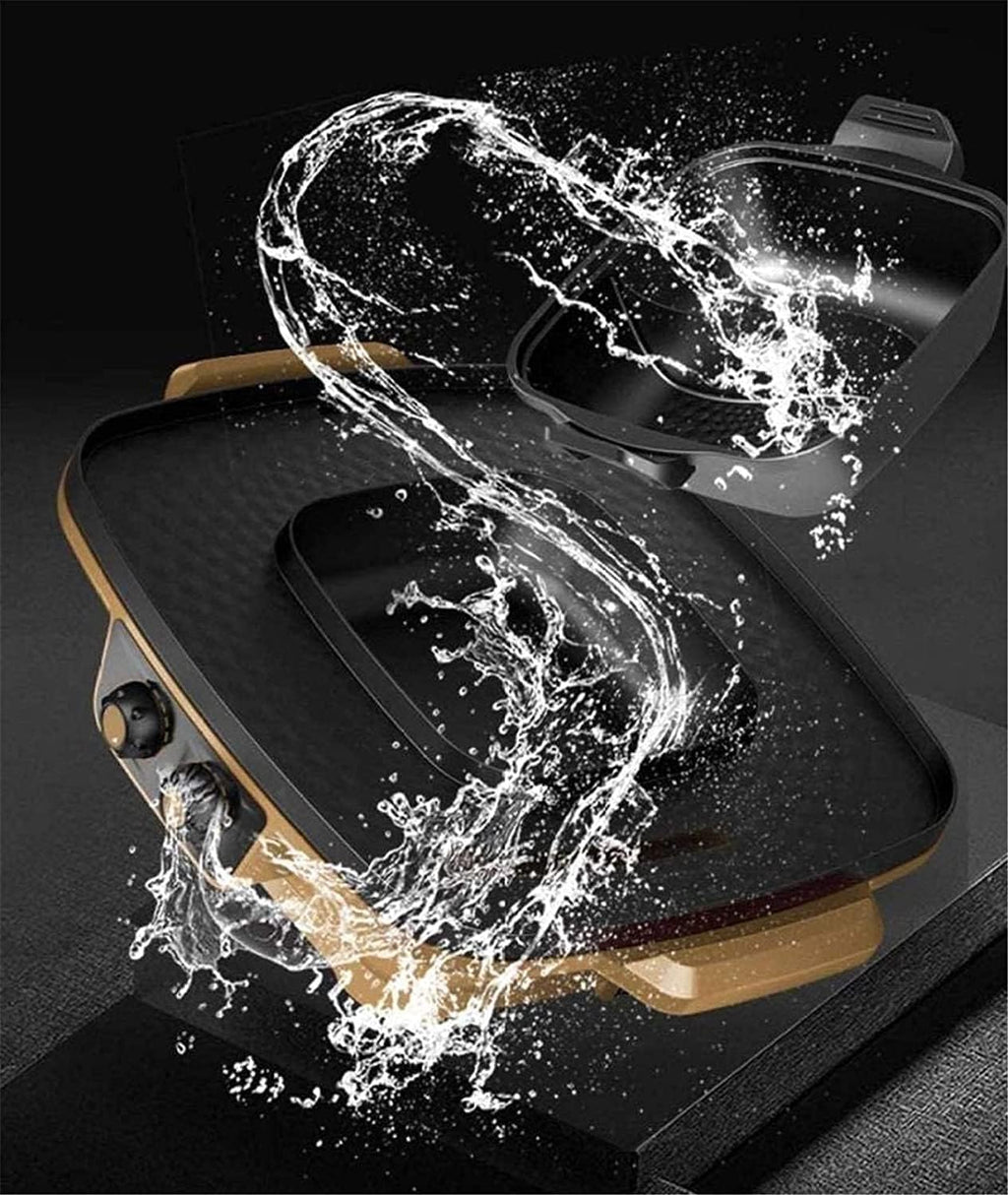 Electric BBQ Grill Indoor Electric Griddle Grill Teppanyaki BBQ Hot Plate Camping, Non Stick, Adjustable Temperature 2200W (Color : Gold, Size : One)