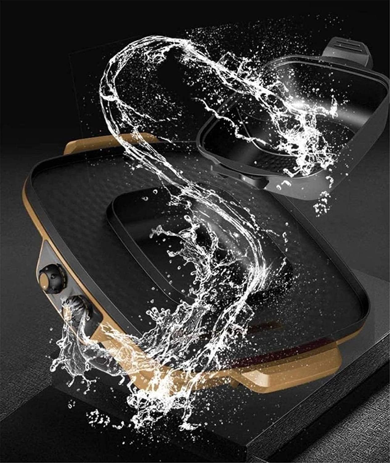 Electric BBQ Grill Indoor Electric Griddle Grill Teppanyaki BBQ Hot Plate Camping, Non Stick, Adjustable Temperature 2200W (Color : Gold, Size : One)