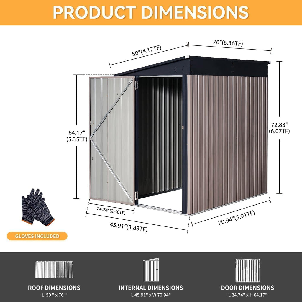 Aoxun 4x6 FT Lean to Shed Garden with Sloped Roof Metal Storage Shed with Lockable Doors & Single Door Outdoor Bike Shed for Backyard, Patio, Poolside (Brown)