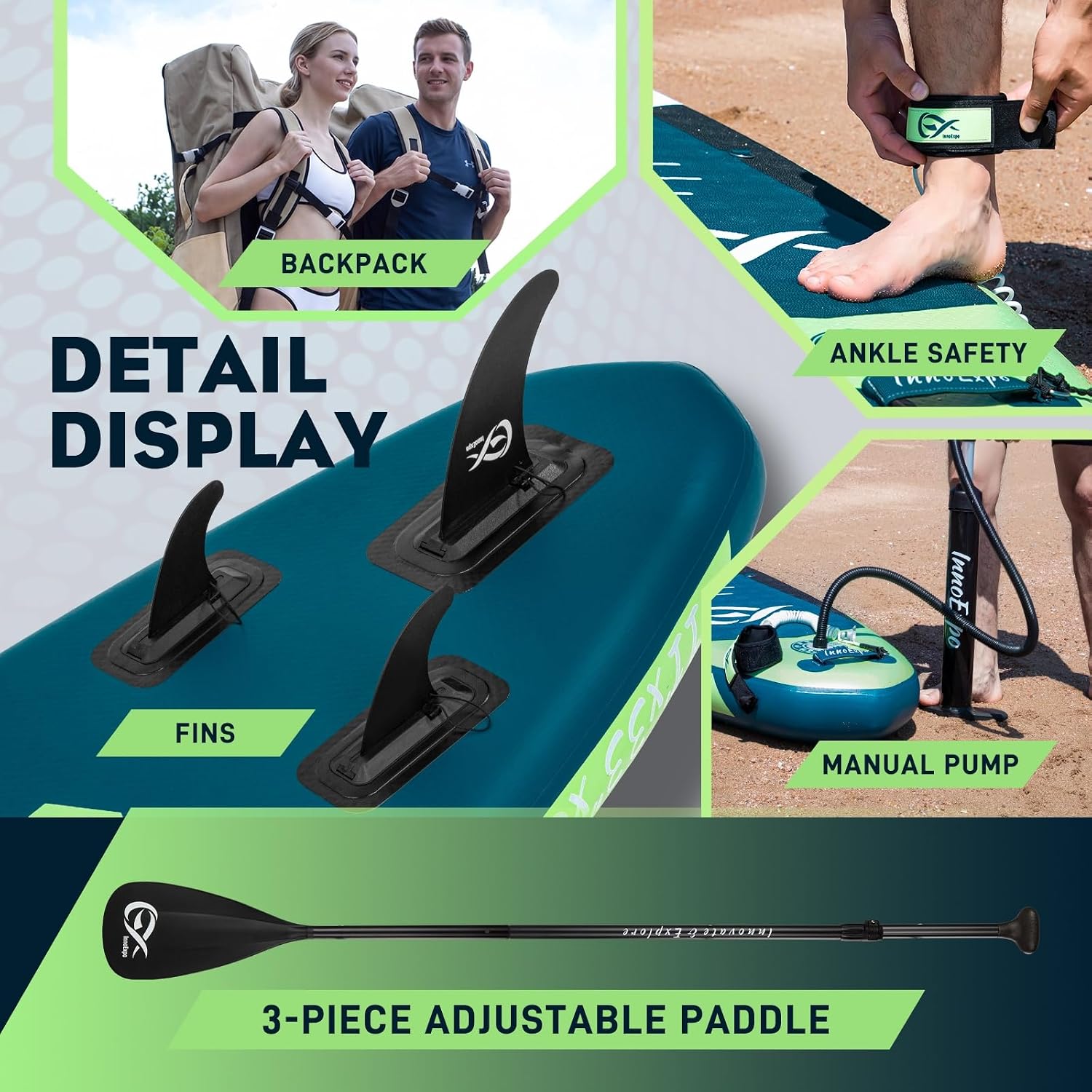 InnoExpo 11' Inflatable Stand Up Paddle Boards with Premium Accessories, Wide Stable SUP Paddle Board Design, Non-Slip Comfort Deck for Youth & Adults
