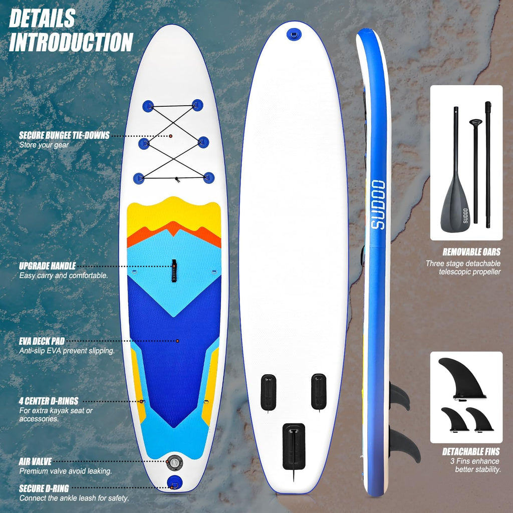 SUDOO Inflatable Stand Up Paddle Board 10'/ 10'6' SUP with Adjustable Paddle Hand Pump Fin Leash Backpack Wide Stable Anti-Slip EVA Deck for Adults & Youth