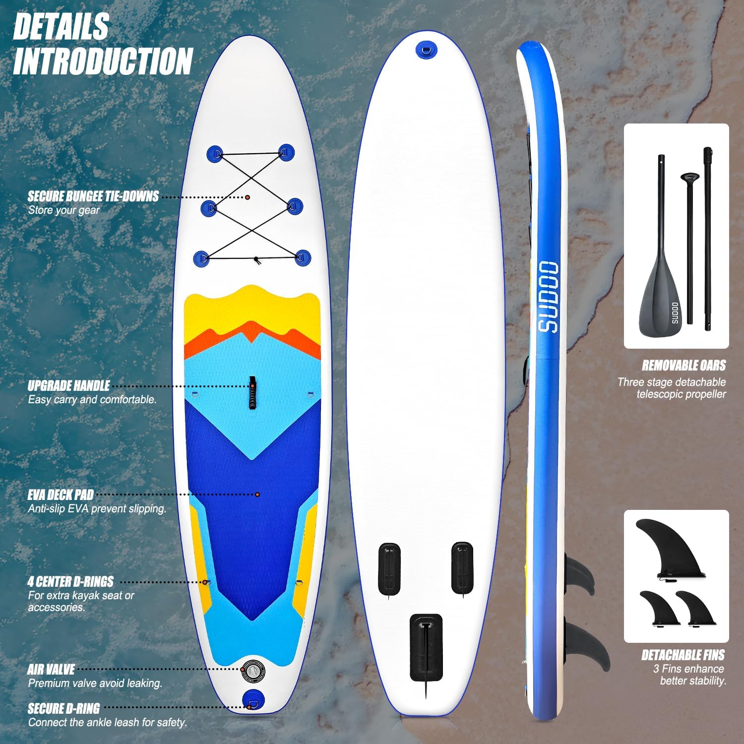 SUDOO Inflatable Stand Up Paddle Board 10'/ 10'6' SUP with Adjustable Paddle Hand Pump Fin Leash Backpack Wide Stable Anti-Slip EVA Deck for Adults & Youth