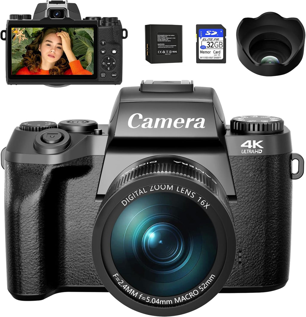 Saneen Digital Camera, 4k Cameras for Photography, 64MP WiFi Touch Screen Vlogging Camera with Flash, 32GB Card, Lens Hood,3000mAH Battery, Front and Rear Cameras,Hot Shoe Interface Beginner