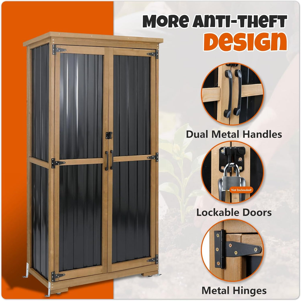 Outdoor Storage Cabinet with Shelves, Wood & Metal Storage Shed with Weatherproof Roof, Lockable Doors, Adjustable Feet, Outside Storage Cabinet for Garage, Patio (15.6' D x 32.3' W x 65.8' H)
