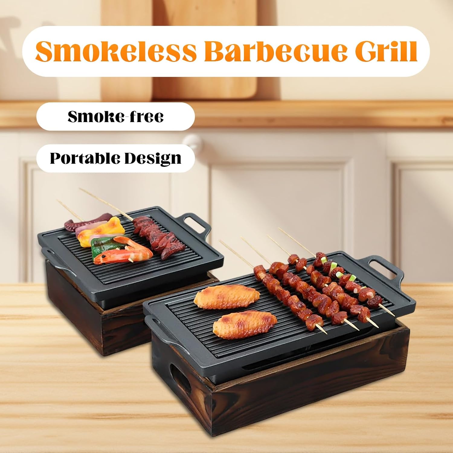 Korean Japanese Barbecue Grill Smokeless Portable BBQ Grill with Wooden Base and Alcohol Tray for Indoor Camping Garden,32 * 21cm