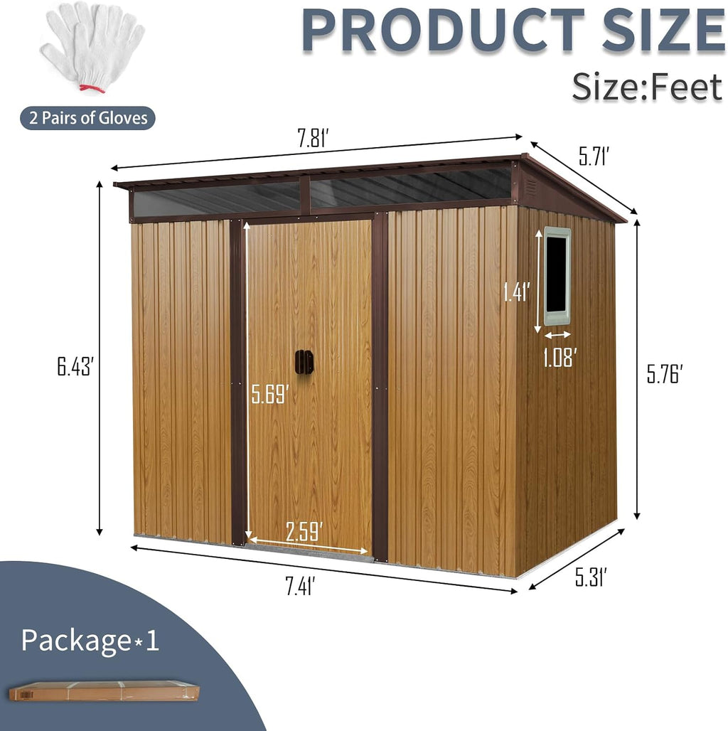 8x6 ft Outdoor Metal Storage Shed with Floor Floor and Window, Lockable Galvanized Steel Tool Shed with Sliding Door, Air Vent and Transparent Plate, Waterproof Garden Storage House for Backyard