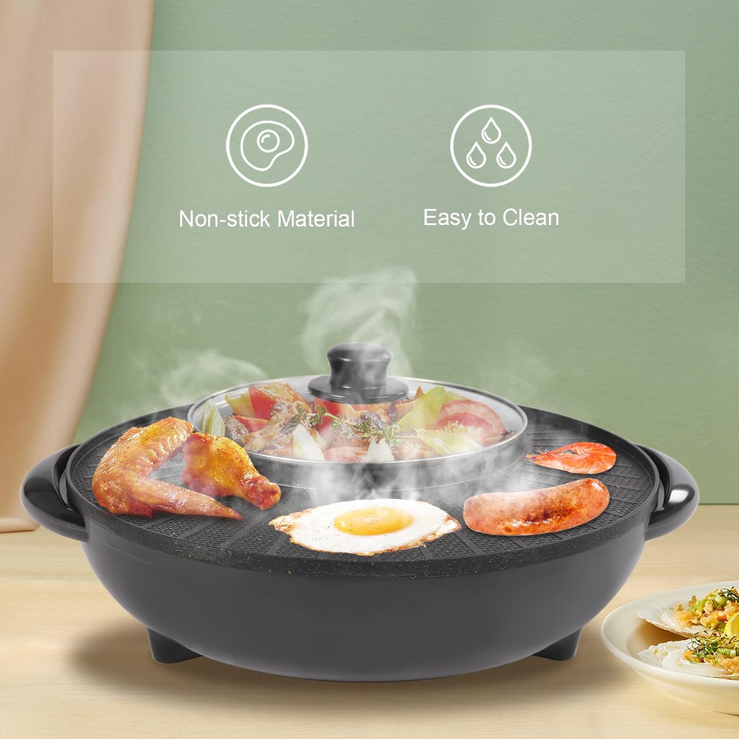 2 in 1 Electric Hot Pot & BBQ Grill - Smokeless Non-Stick Shabu Shabu Pot with Temperature Control, Ideal for Indoor Korean Barbecue, Serves 3-5 People, Fast Heating