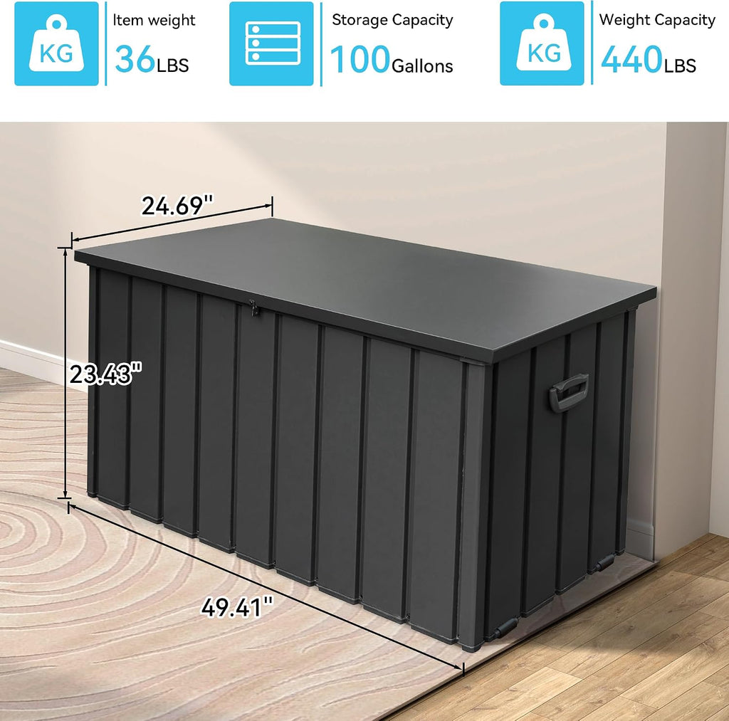 Outdoor Storage Box 100 Gallon, Waterproof Steel Deck Box, Large Patio Furniture Storage Cabinet, Lockable Storage Bench for Porch Package Delivery, Cushions, Pool, Tools- Dark Grey