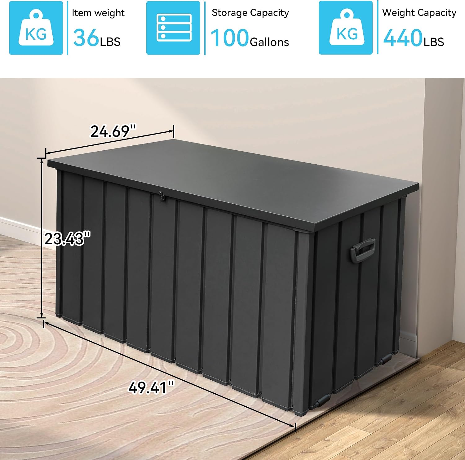 Outdoor Storage Box 100 Gallon, Waterproof Steel Deck Box, Large Patio Furniture Storage Cabinet, Lockable Storage Bench for Porch Package Delivery, Cushions, Pool, Tools- Dark Grey