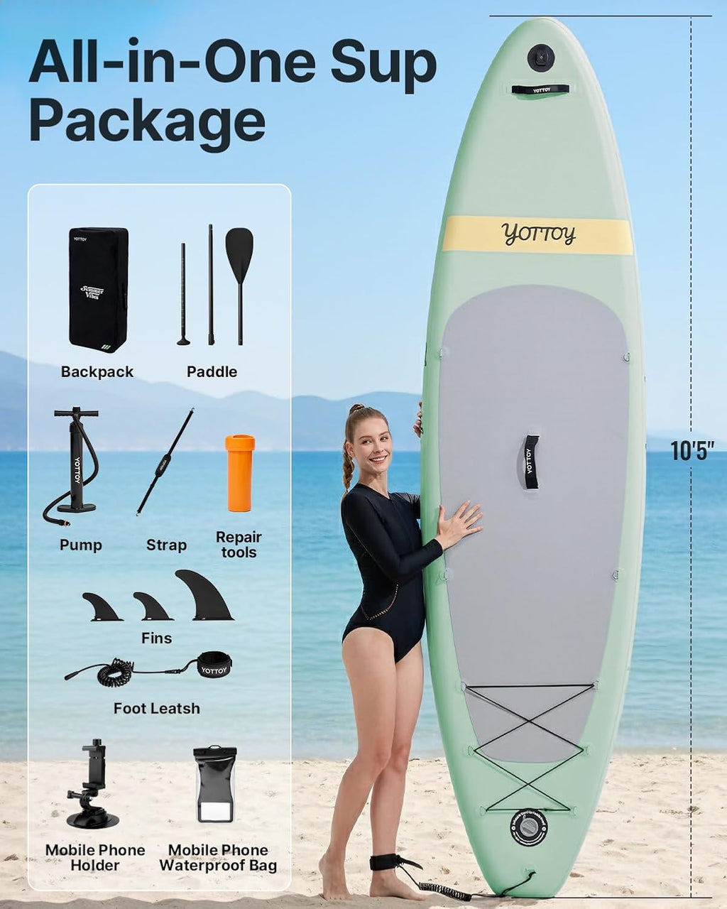 YOTTOY Inflatable Stand Up Paddle Board,Stable Lightweight 10'5' SUP with Non-Slip EVA Deck, Premium Paddleboard Accessories, Three-Fin System & Carry Bag,All-Around Inflatable SUP