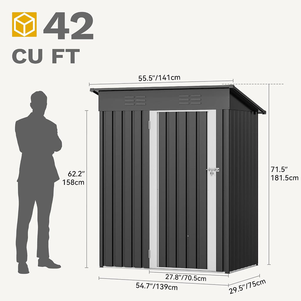 DWVO Outdoor Storage Shed 5 x 3FT, Heavy Duty Metal Tool Sheds Storage House with Lockable Door & Air Vent for Garden, Patio, Lawn to Store Bike, Garbage Can, Lawnmower, Dark Gray
