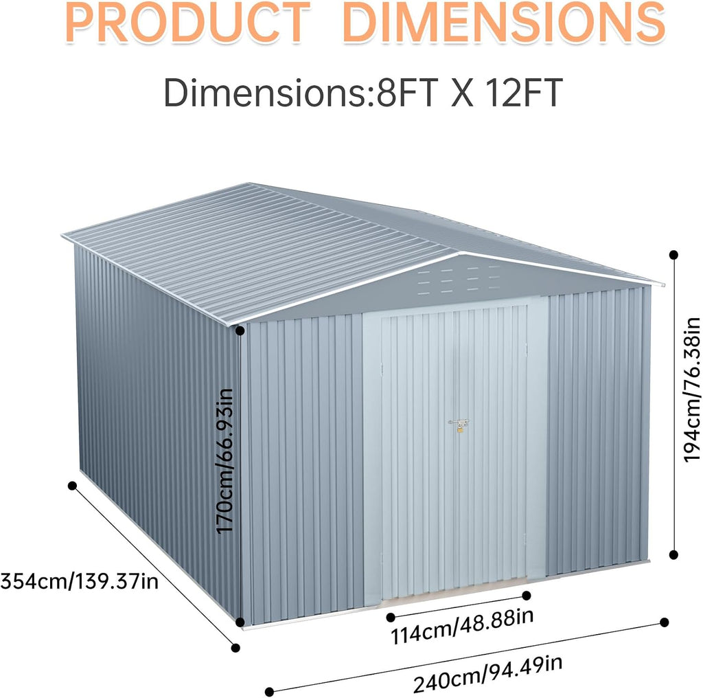 Large Metal Storage Shed, 8x12 FT Outside Storage Shed, Outdoor Storage Tool Shed with Lockable Doors and Air Vents, Garden Sheds for Backyard