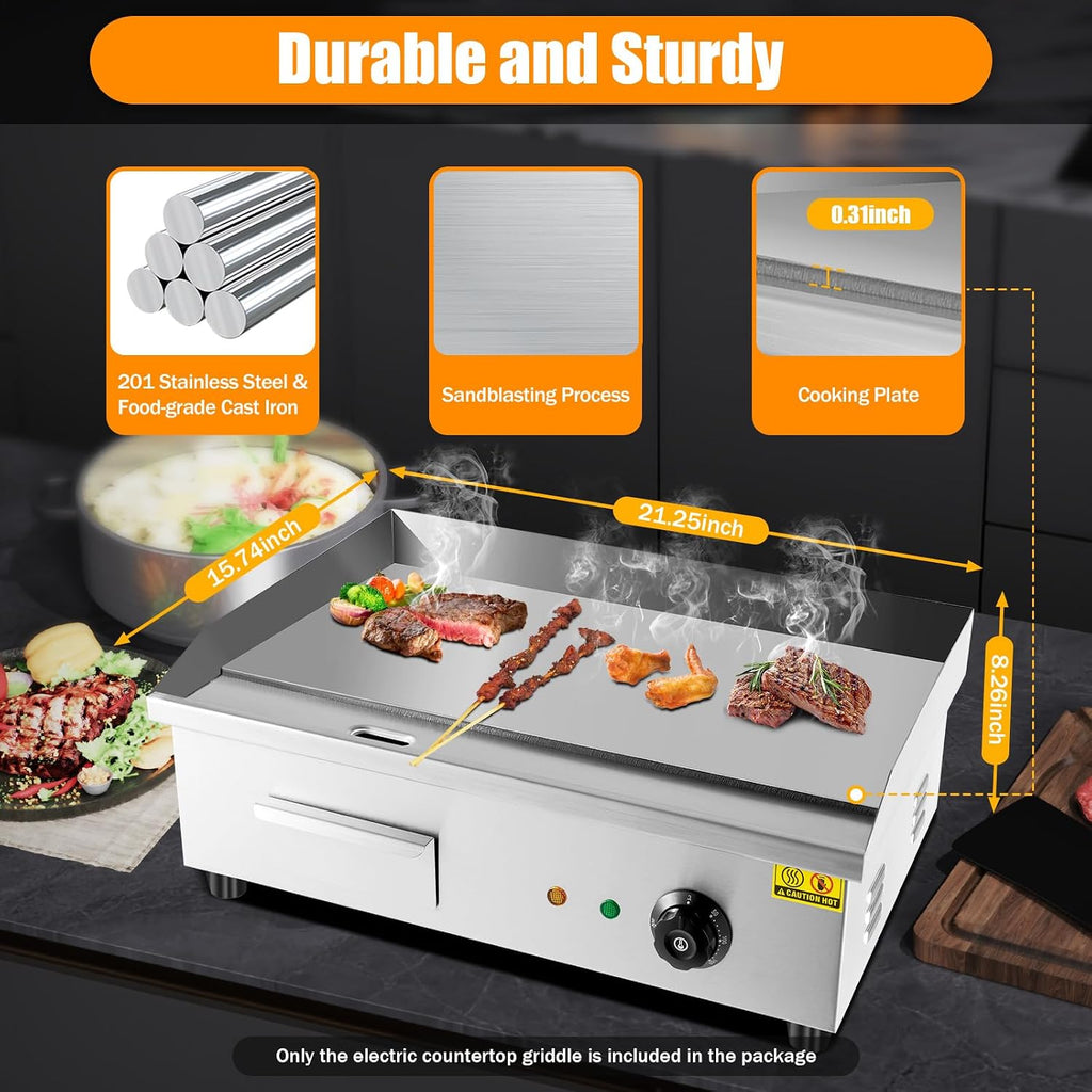 22' Commercial Electric Griddle Countertop Flat Top Griddle Stainless Steel Hibachi Teppanyaki Grill BBQ Plate 122-572℉ Adjustable Temp Control for Restaurant Kitchen,110V (3000W)