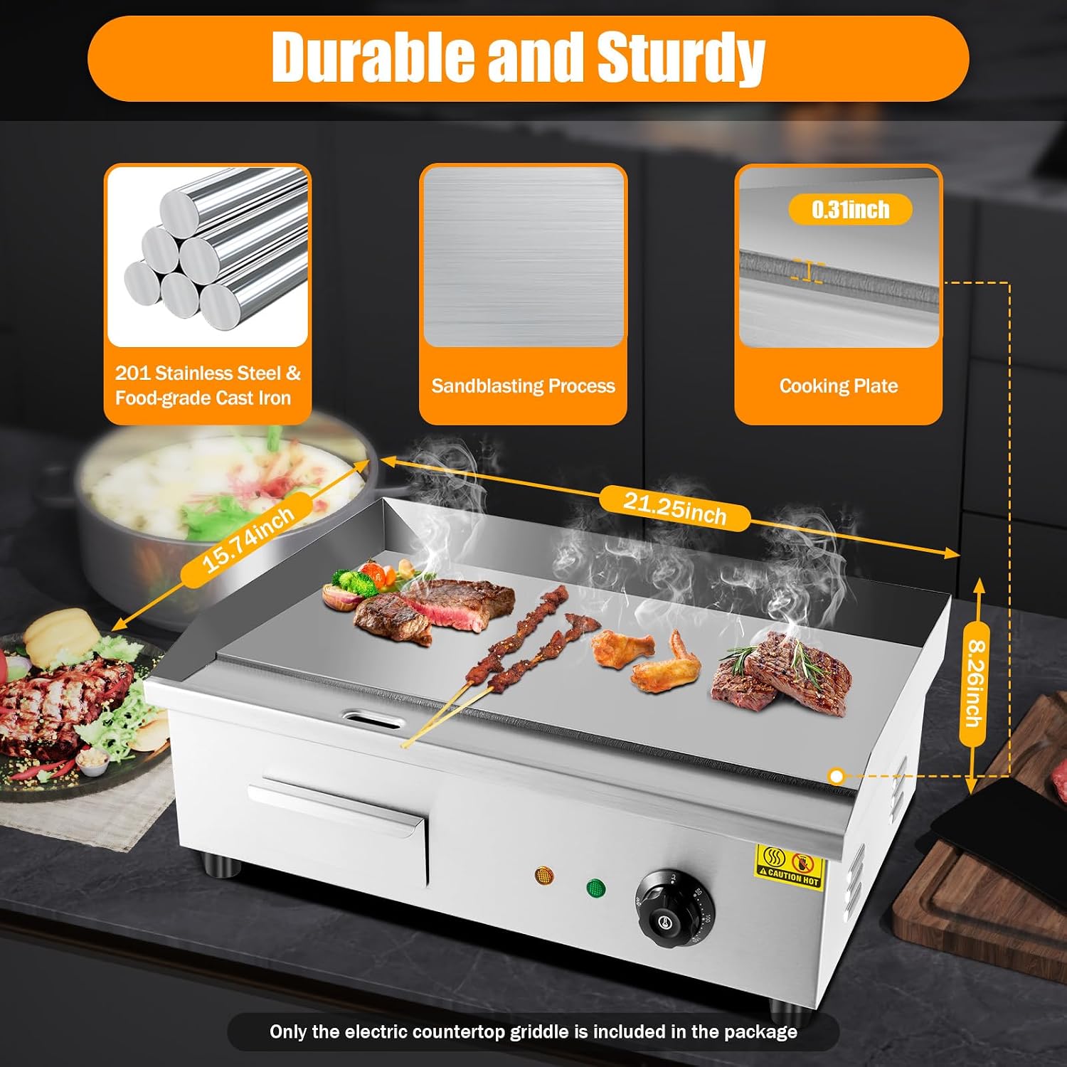 22' Commercial Electric Griddle Countertop Flat Top Griddle Stainless Steel Hibachi Teppanyaki Grill BBQ Plate 122-572℉ Adjustable Temp Control for Restaurant Kitchen,110V (3000W)