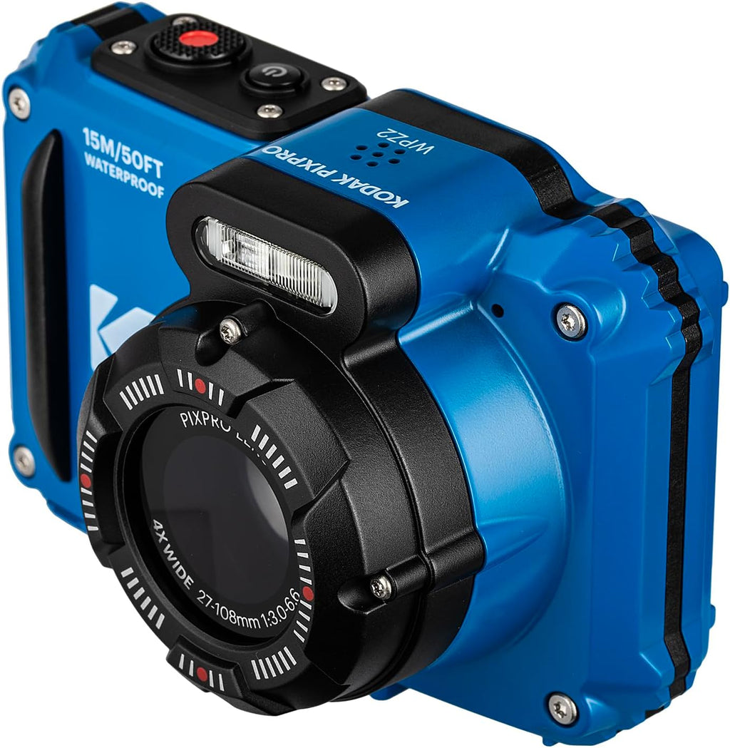 Kodak PIXPRO WPZ2 Digital Camera (Blue) | Waterproof, Shockproof & Dustproof Camera with 16MP Sensor, 1080p Video & 4X Optical Zoom | Travel & Outdoor use + 2X 32GB Card + Vlogger Tripod + Bag + More