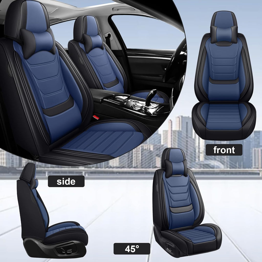 DHAEY Car Seat Covers for Kia NIRO 2017-2025, Family Seat Covers, Nappa Leather, Wear-Resistant, Anti-Slip, Waterproof, 5PCS Full Set with Pillows, Black Blue