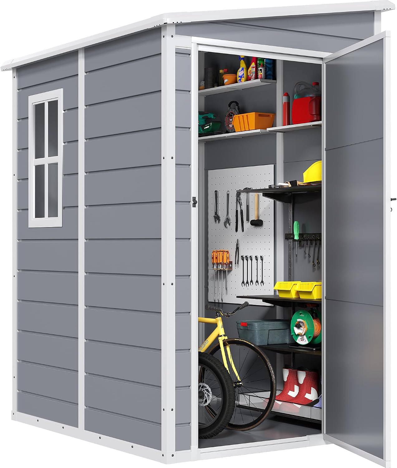 DWVO 5x4ft Resin Outdoor Storage Shed with Floor, Large Waterproof Lockable Storage Shed with Window, Plastic Outside Tool Storage for Garden Backyard Patio Lawn (Gray)
