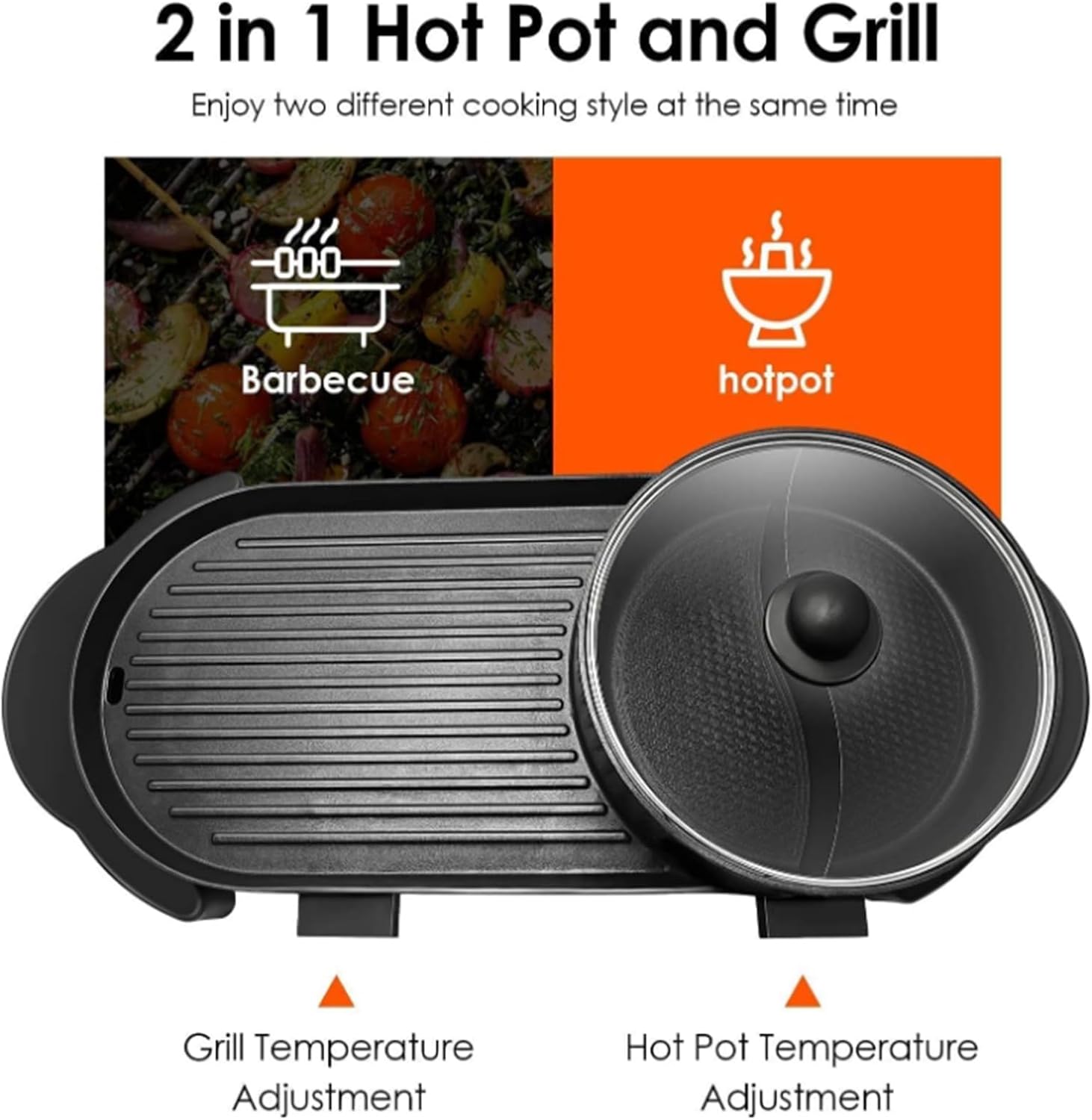 Electric Smokeless Non-Stick Removable Hotpot Pot,with Grill 2 in 1, Korean Barbecue Pan Indoor for Independent Dual Temperature Control Fast Heating