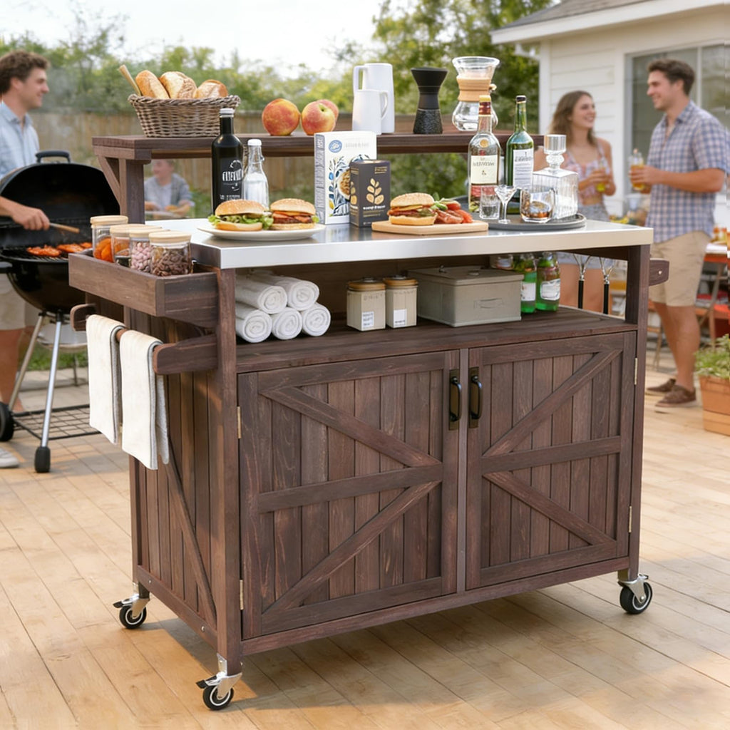 Outdoor Kitchen Island with Stainless Steel Top & Raised Shelf, Rolling Grill Cart with Spice & Towel Rack, Outdoor Island Table with Storage Cabinet & Hooks (Brown)