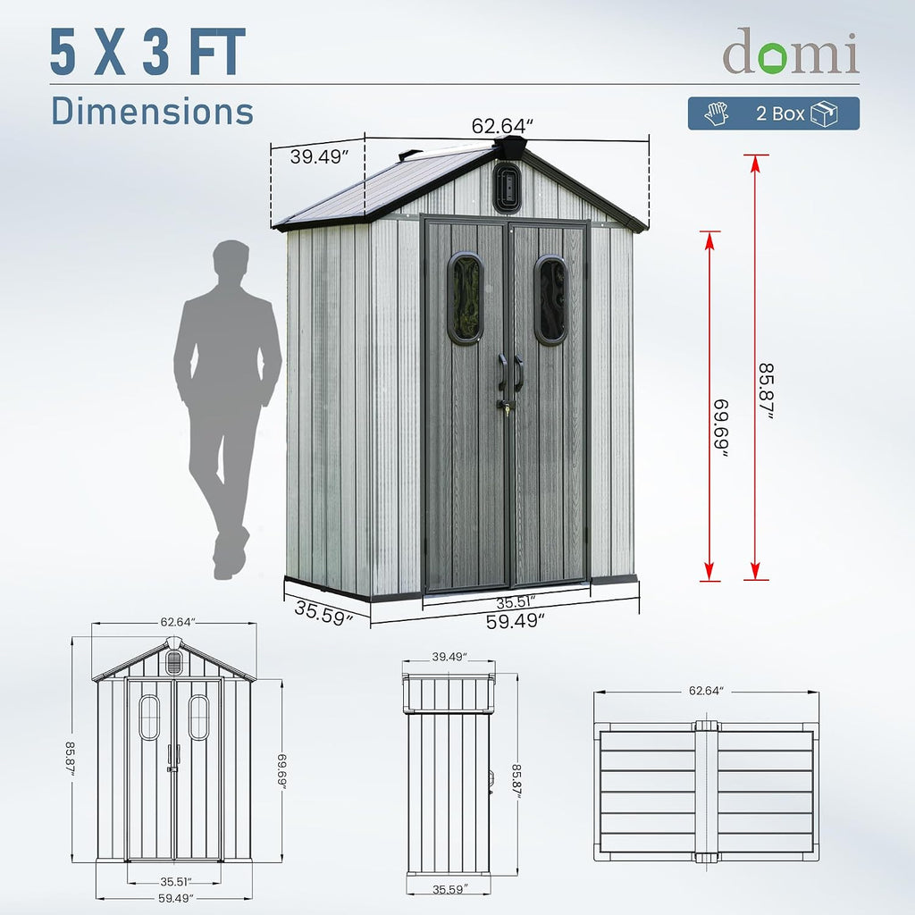 Domi 5x3 FT Outdoor Resin Storage Shed, All-Weather Double-Wall Storage Building for Backyard, Garden, Lawn Tools, Mower, Bike & Pool Equipment, Lockable Doors, Ventilated Roof, Grey