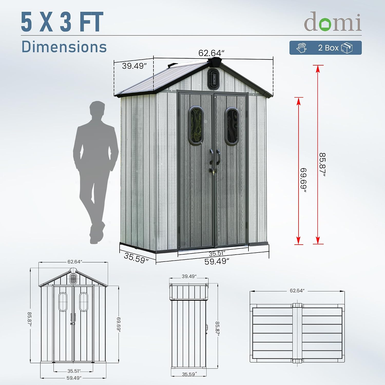 Domi 5x3 FT Outdoor Resin Storage Shed, All-Weather Double-Wall Storage Building for Backyard, Garden, Lawn Tools, Mower, Bike & Pool Equipment, Lockable Doors, Ventilated Roof, Grey
