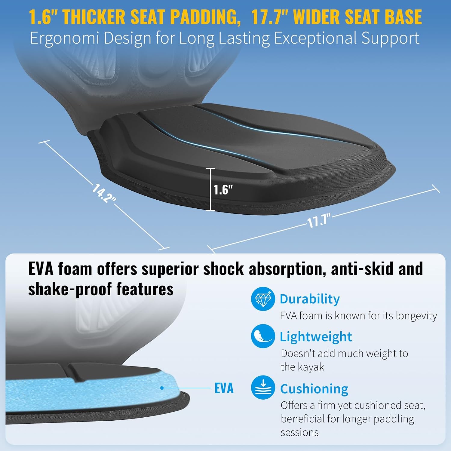 Vashly Kayak Seat with Back Support Universal Thicken Cushion Paddle Board Seat with Storage Bag for Sit-on-Top Kayak, Inflatable Kayaks, SUP, Tandem Kayaks (Strap Security: 6 Adjustable Straps)