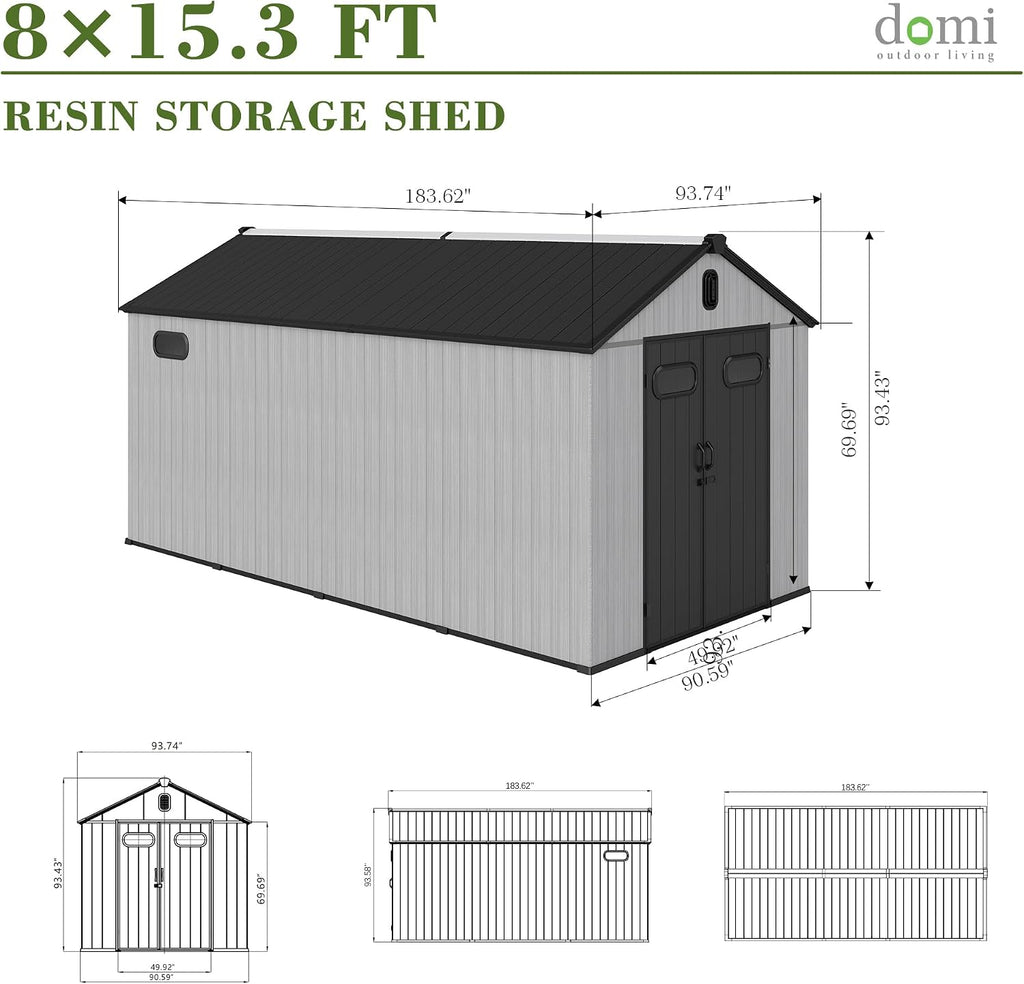 Domi 8x15.5FT Outdoor Resin Storage Shed with Transparent Windows & Louvered Vents, Plastic Tool Shed with Double Lockable Doors & Gable Roof, Outside Garden Shed for Backyard, Patio, Lawn, Grey