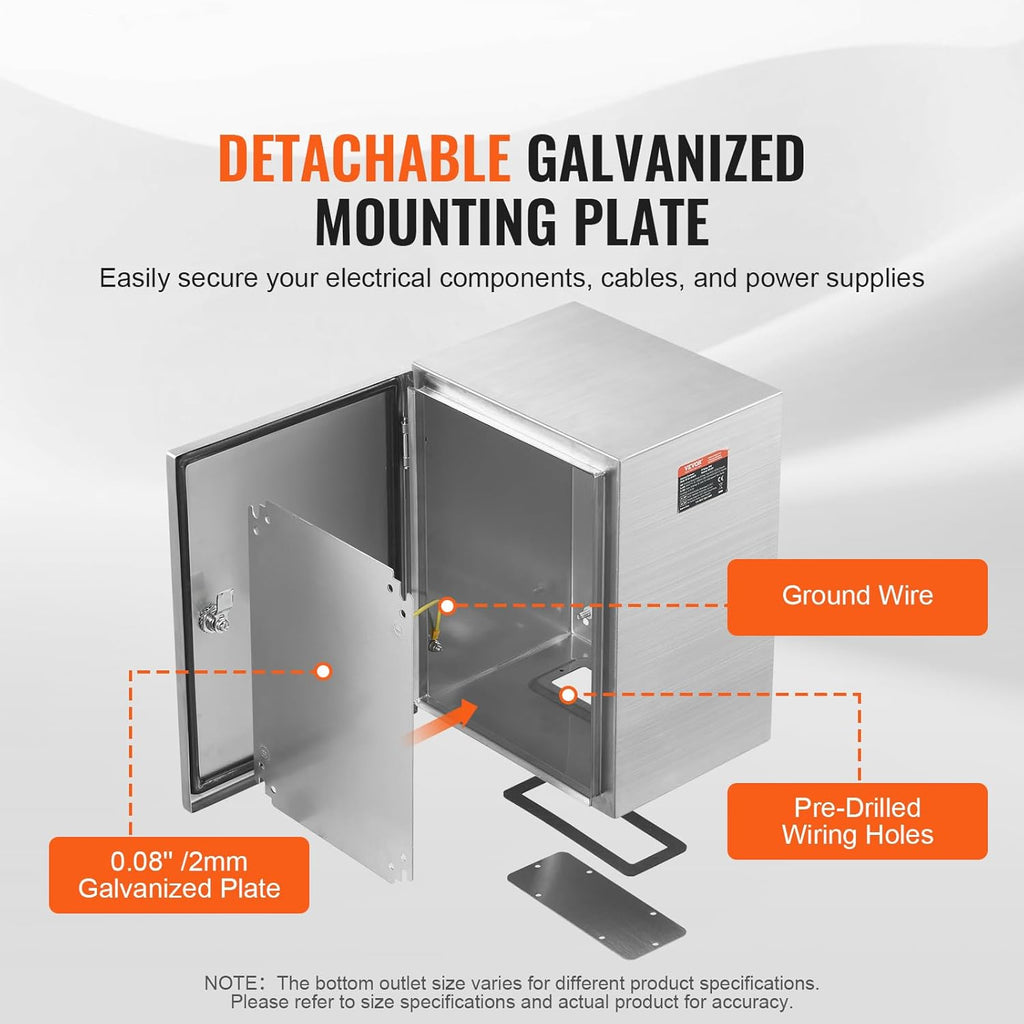 Steel Electrical Box, 20'x 16'x 8', 304 Stainless Steel Electrical Enclosure Box, Wall-Mounted Outdoor Electrical Electronic Equipment Enclosure with Mounting Plate Hinges Lock, IP66 Waterproof
