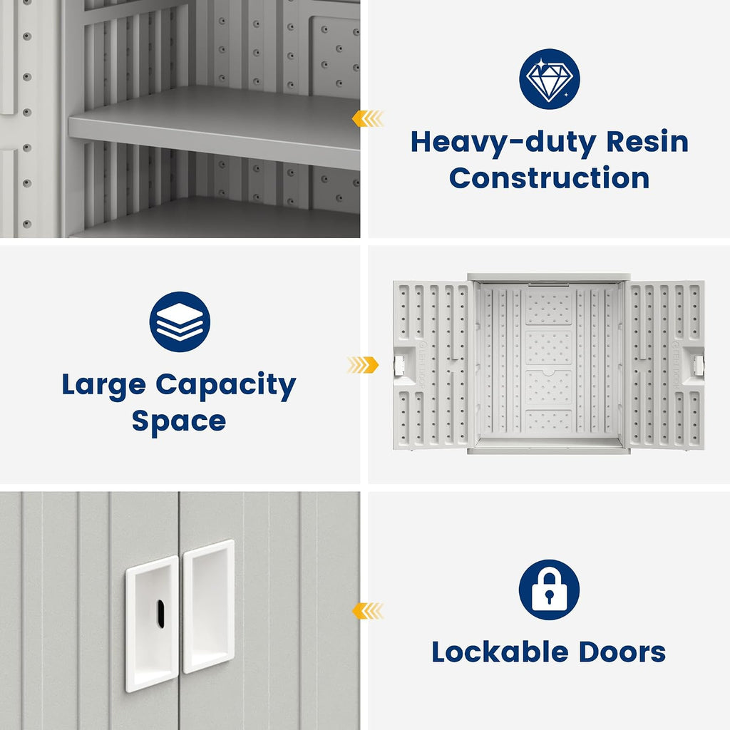 UDPATIO Resin Outdoor Storage Cabinet with Lockable Doors, 30' W x 20' D x 35' H Dark Grey Garage Cabinet,Small Shed for Organized Storage in Patio, Garage and Kitchen，, Grey