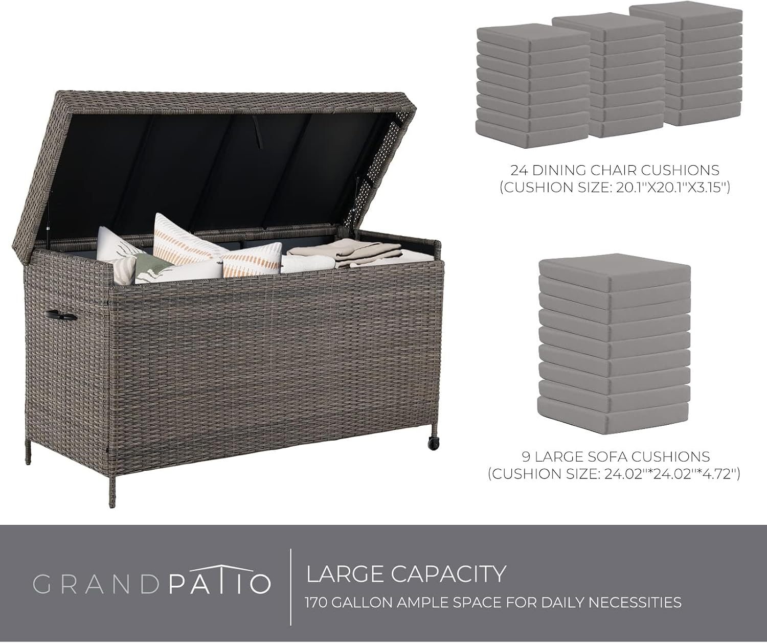 Grand patio 170 Gallon Deck Storage Box Outdoor Storage Box Patio Storage Deck Box Indoor Wicker Storage Bin Patio Storage Box for Patio Furniture Cushions Garden Tools Pool Accessories, Light Brown