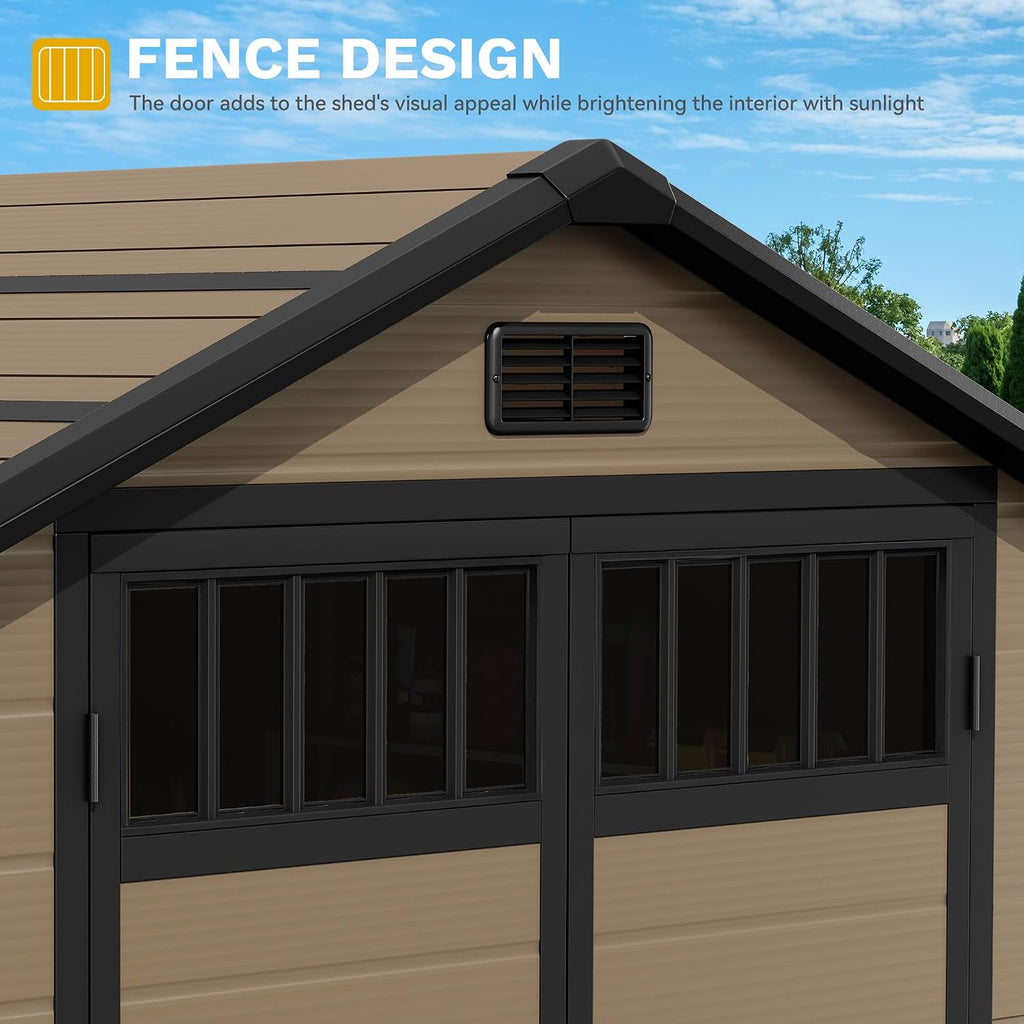 DWVO 6x4.4 FT Resin Storage Shed with Fence-Style and Side Windows, Lockable Door, and Vents Outdoor Storage Shed for Garden, Backyard, Patio, Lawn
