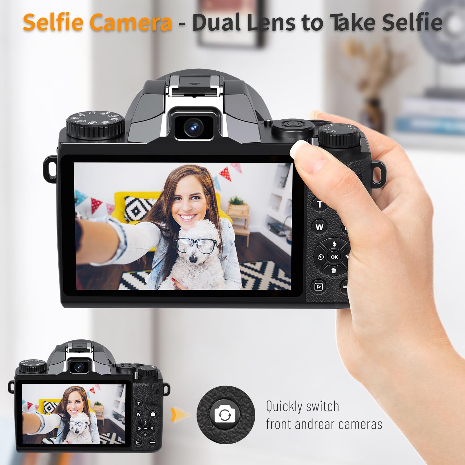 Saneen Digital Camera, 4k Cameras for Photography, 64MP WiFi Touch Screen Vlogging Camera with Flash, 32GB Card, Lens Hood,3000mAH Battery, Front and Rear Cameras,Hot Shoe Interface Beginner