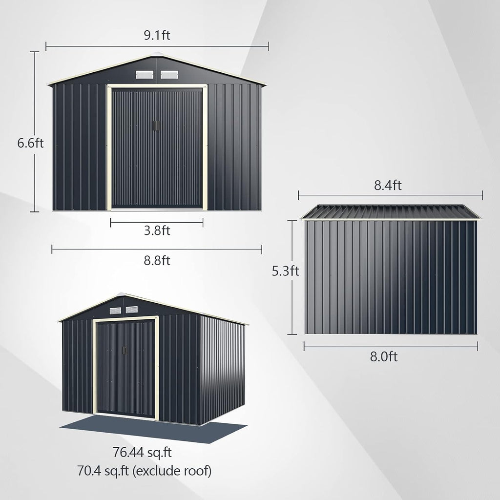 Goplus Outdoor Storage Shed, 9' X 8' Metal Garden Shed with 4 Vents & Double Sliding Door, Utility Tool Shed Storage House for Backyard, Patio, Lawn