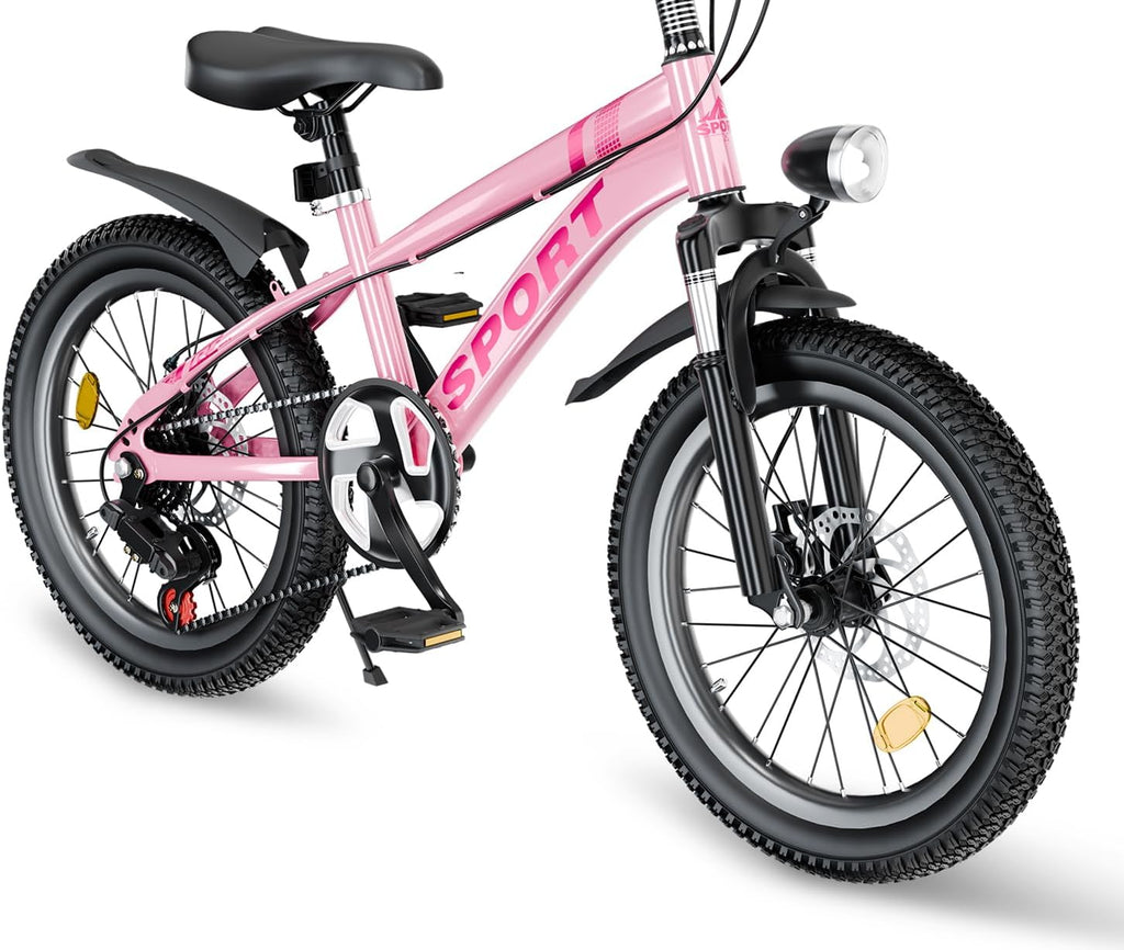 20 Inch Mountain Bike Bicycle for Kids Ages 7-12 with Dual Disc Brakes, 7 Speeds, Shock Absorber, LED Lights,for Boys & Girls