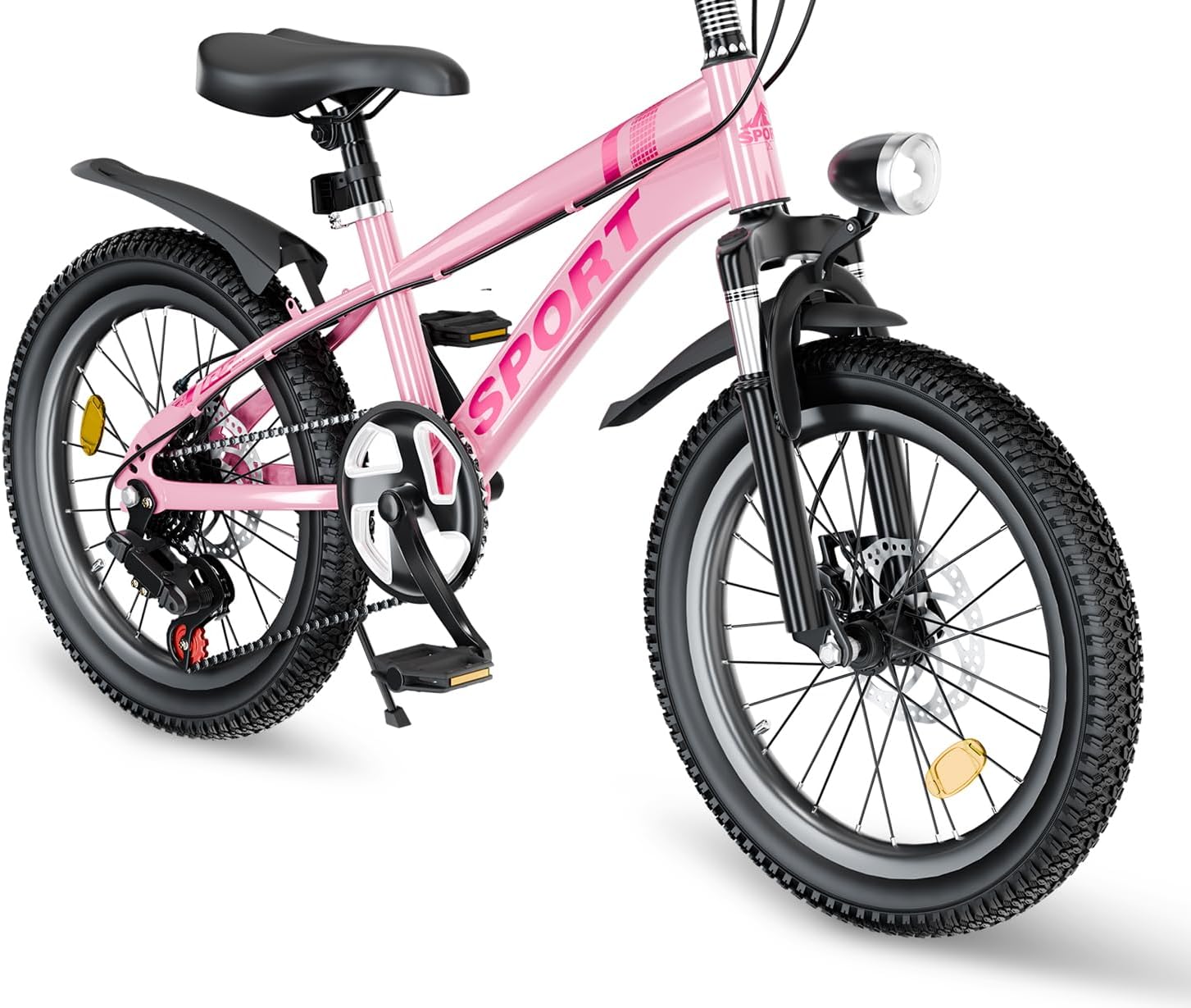 20 Inch Mountain Bike Bicycle for Kids Ages 7-12 with Dual Disc Brakes, 7 Speeds, Shock Absorber, LED Lights,for Boys & Girls